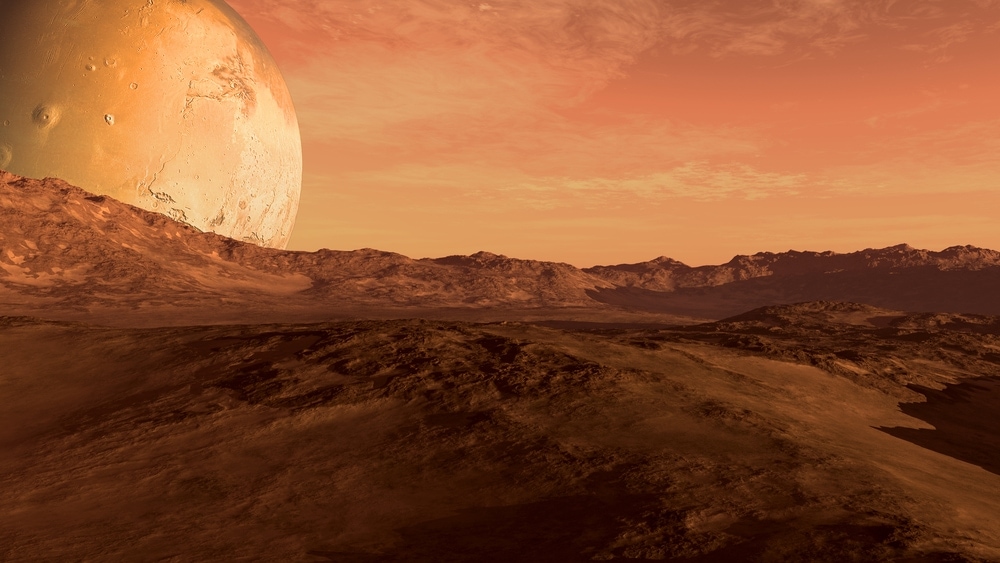 Desert in the another planet with Moon-like planet beside