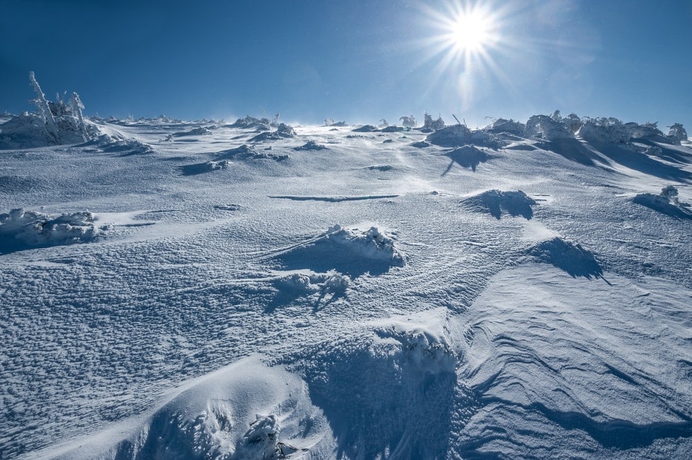 Sunny view of icy desert in Antarctica