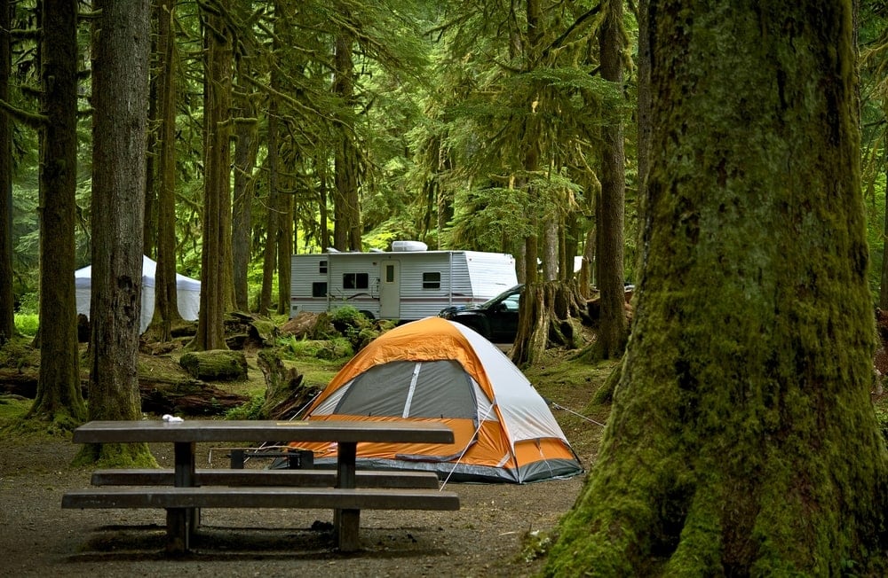 tent with a camper behind in a campsite