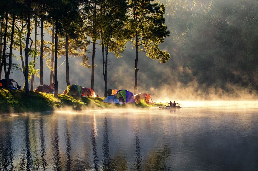 Morning dew seen in a campgsite beside a lake