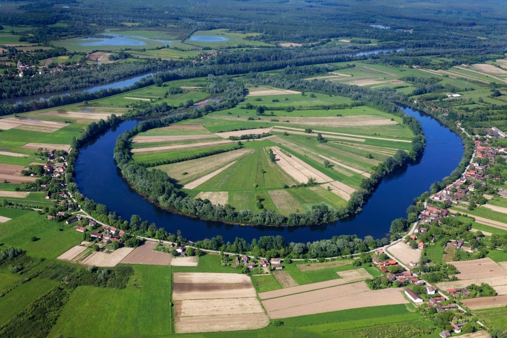 Oxbow lake with the village in Croatia