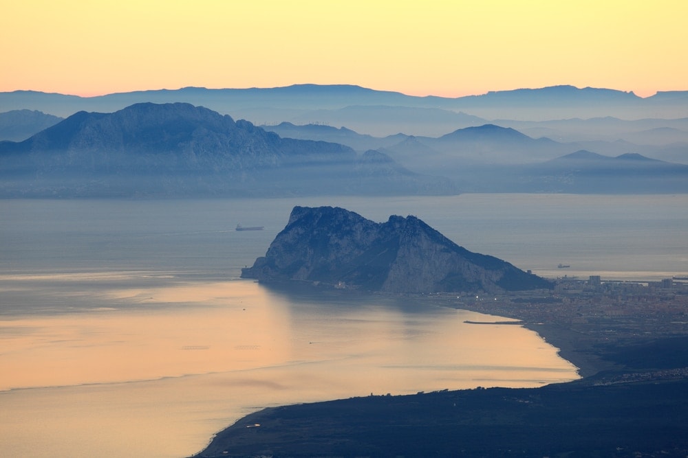 The Rock of Gibraltar and African Coast at sunset