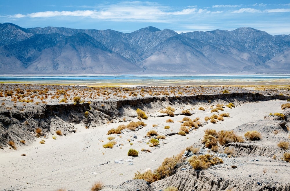 Dry arroyo. a type of bodies of water, in a desert overlooking Owens Lake and Sierra Nevadas, CA