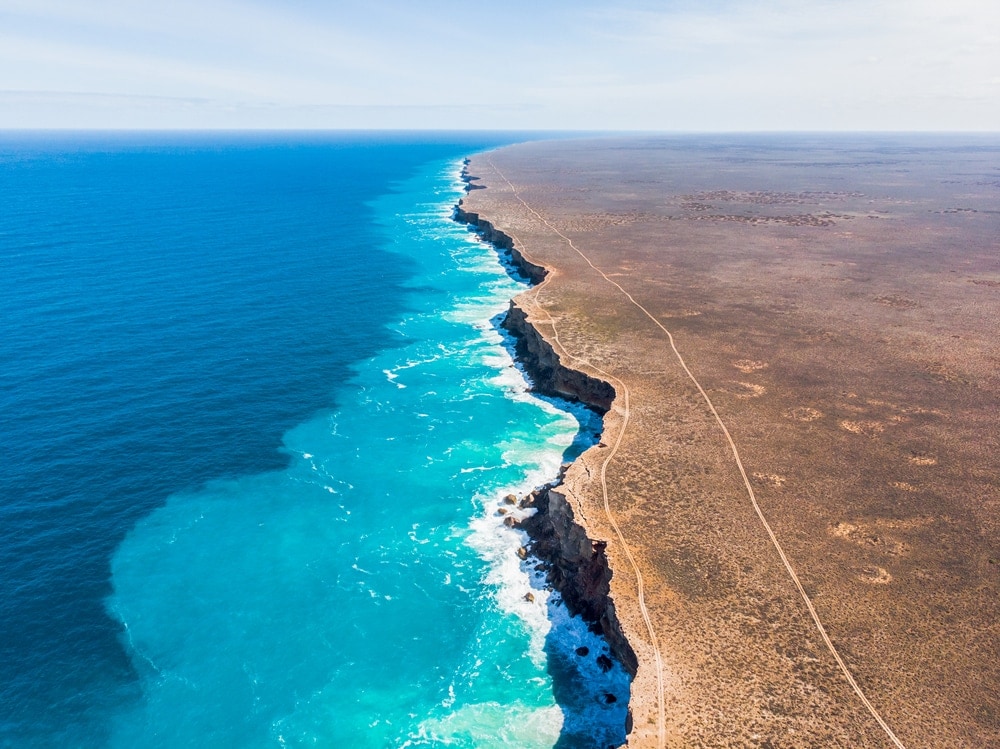 The view from above of the coast near Nullarbor plain, Australia, featuring bight