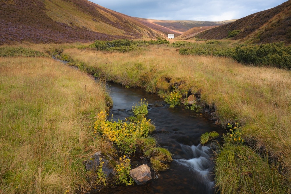 Burn or a small stream in the rolling hills countryside landscape of Cairngorms National Park, Scotland