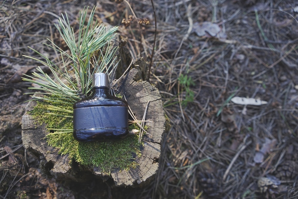 Bear-repellant spray on a tree trunk to use for camping in the bear country