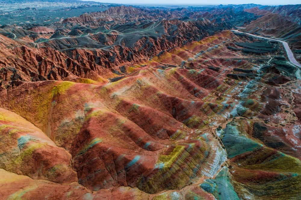 Aerial view on the colorful rainbow mountain landform of Zhangye danxia landform geological park
