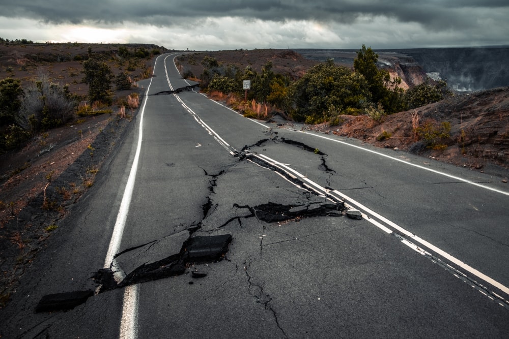 Damaged road in a National Park after an earthquake