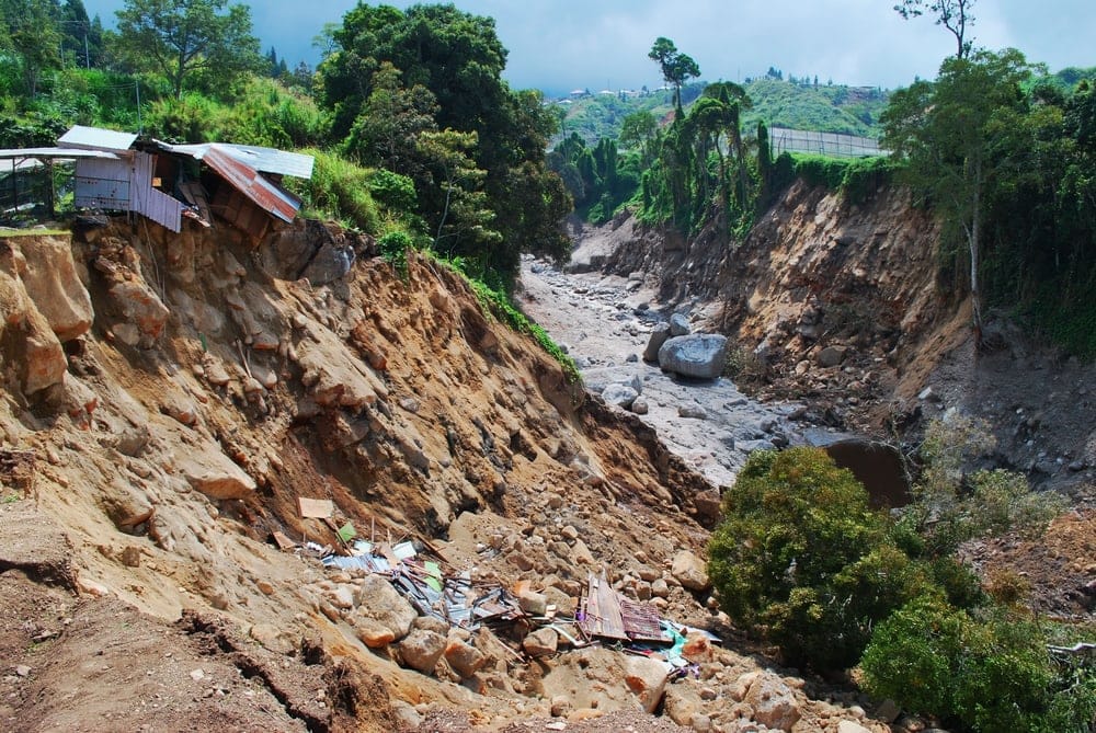 Damaged houses and erosion caused of the landslide