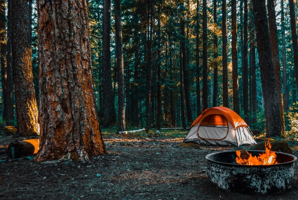orange tent in the woods beside a campfire