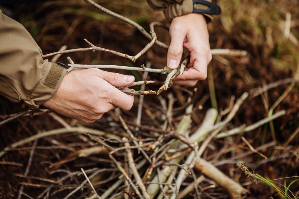 Man holding and gathering branches to start fire