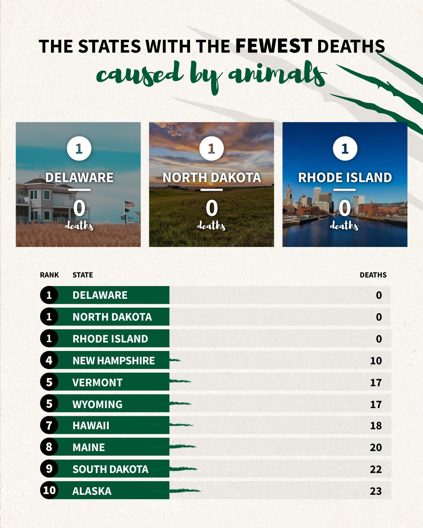 The states with the fewest deaths caused by animals infographic
