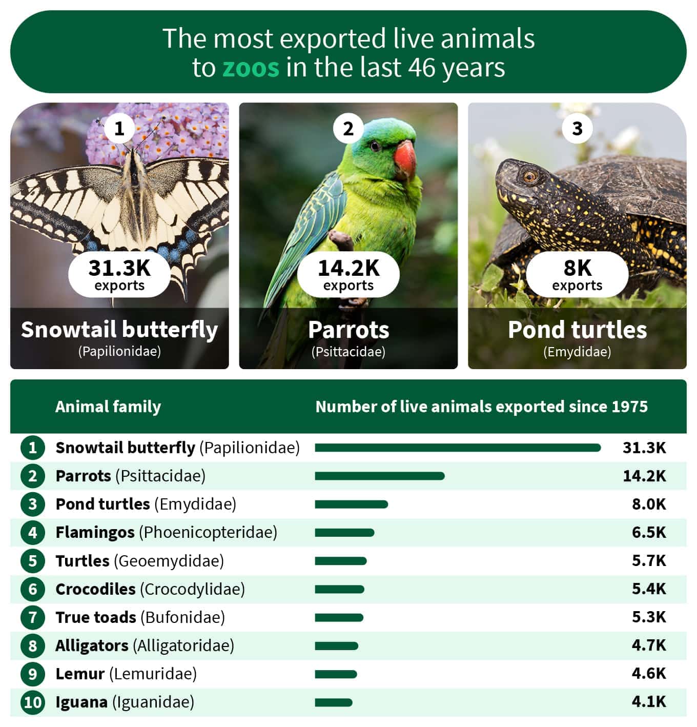graph about the most exported live animals to zoos in the last 46 years