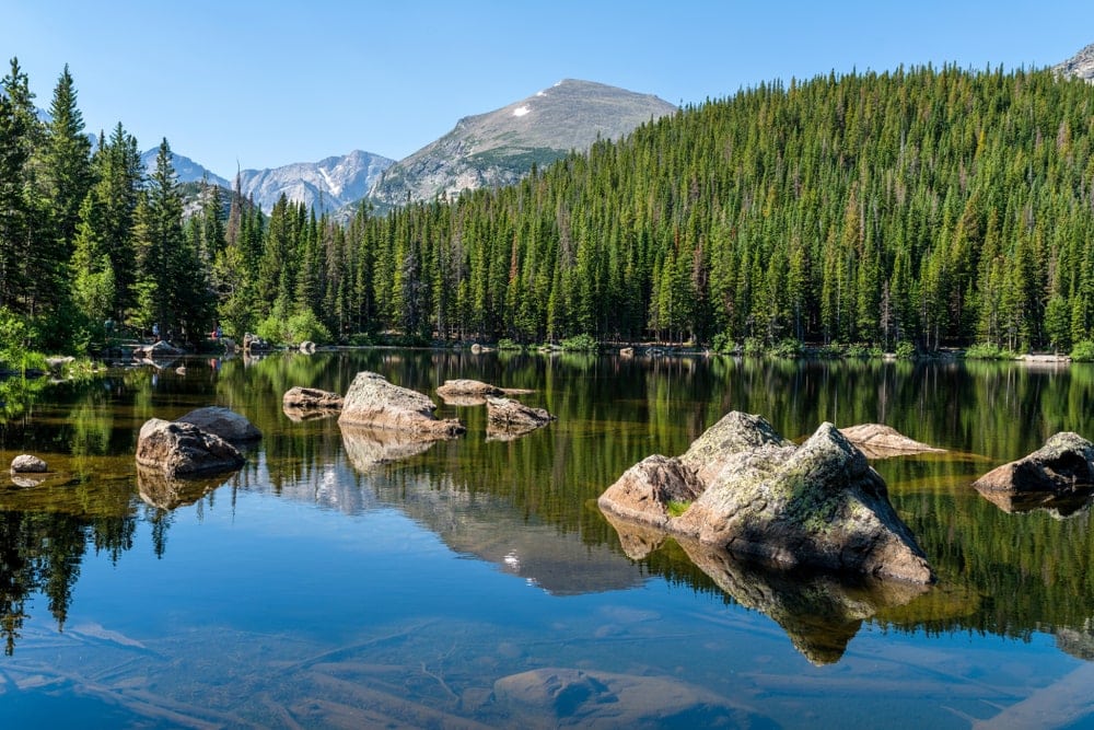 photo of the bear lake in rocky mountain national park on a sunny day