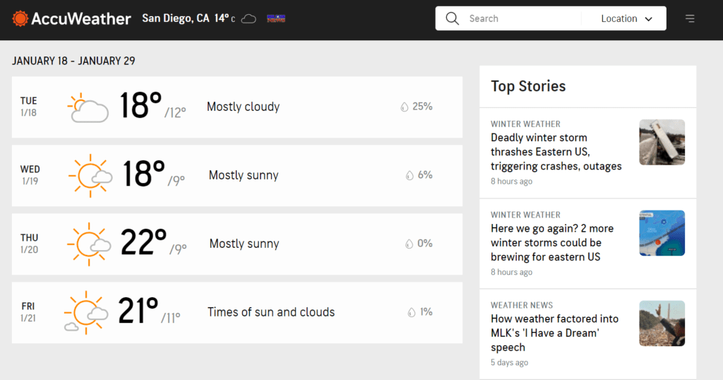 website image of AccuWeather, a private based weather broadcasting company