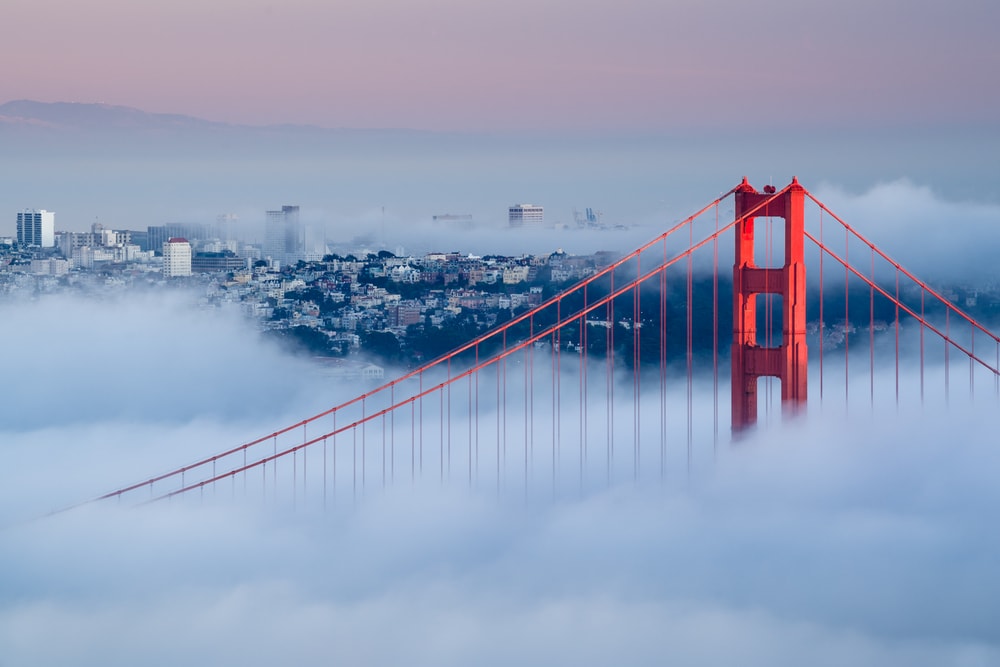 Golden Gate bridge at dusk surrounded by fog