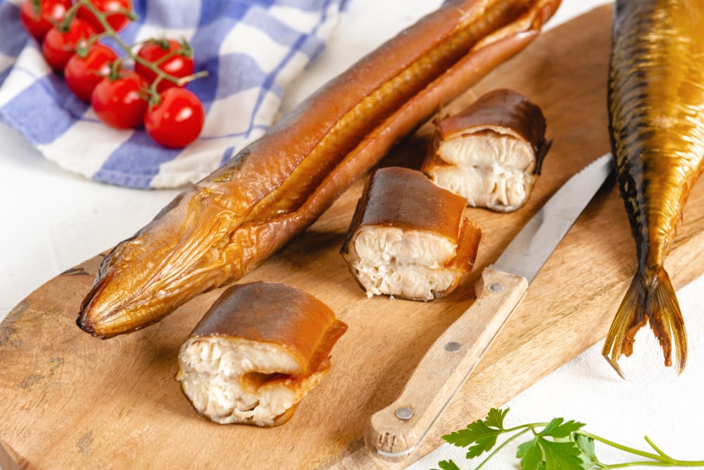 Smoked eel ready to eat freshly made seafood.