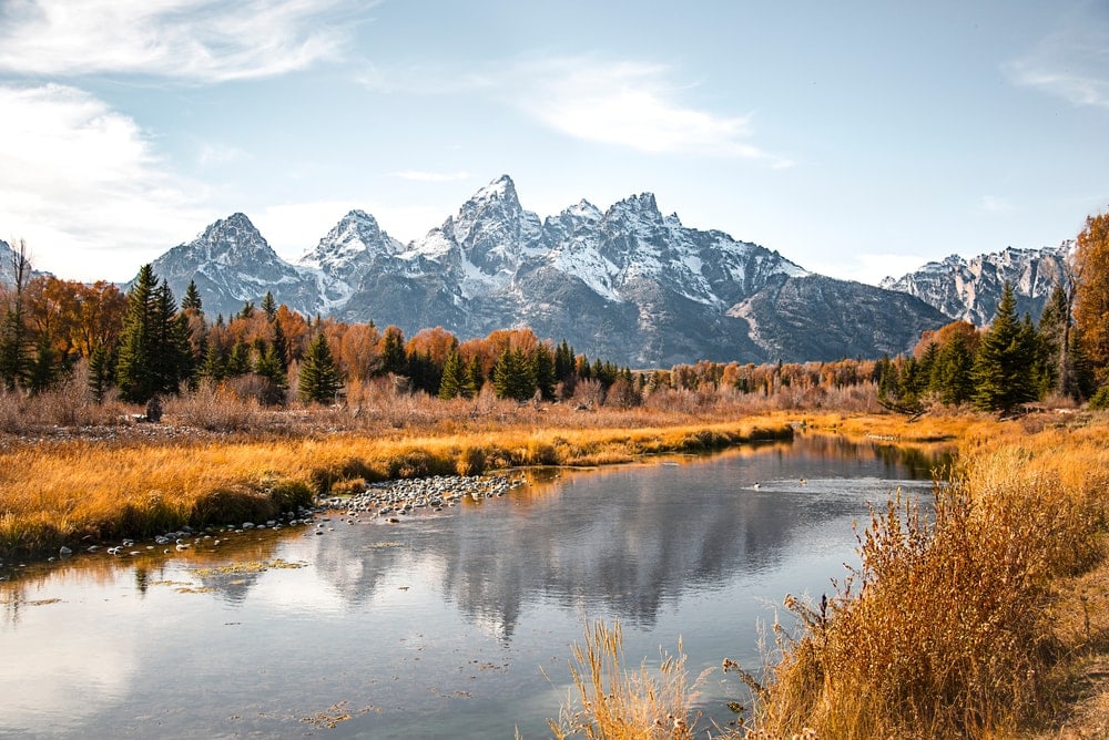 Teton mountain range and the Snake River at Schwabacher's Landing in Grand Teton National Park, Wyoming.