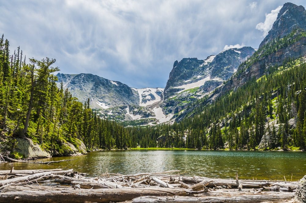 stunning view of lake odessa with stunning view of Notchtop Mountain in Rocky Mountain National Park