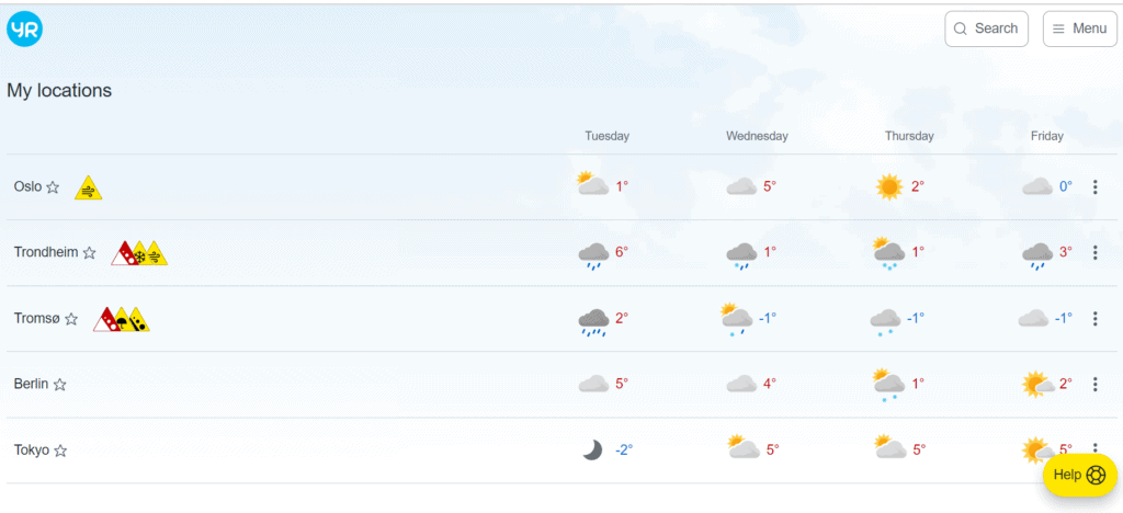 image from the website of yr.no, a weather broadcasting service