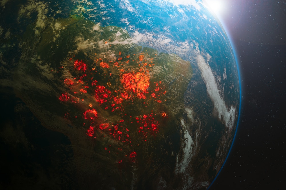 Aerial view from space of ecological disaster of fires in the Amazon, South America
