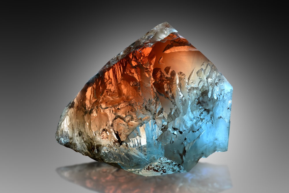 an orange-blue bicolor topaz from Ukraine
