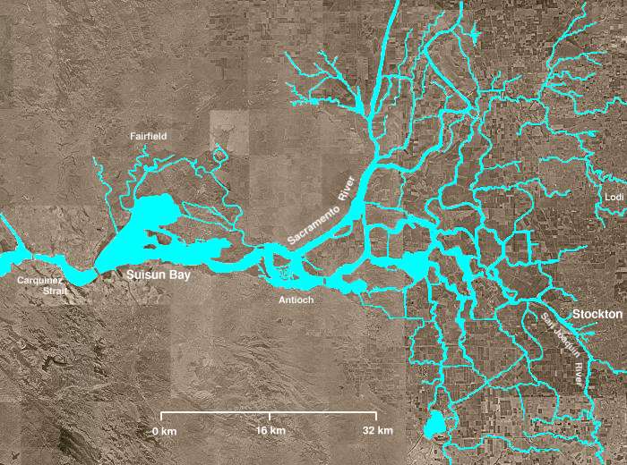 view of the Sacramento - San Joaquin river delta, an example of inverted delta