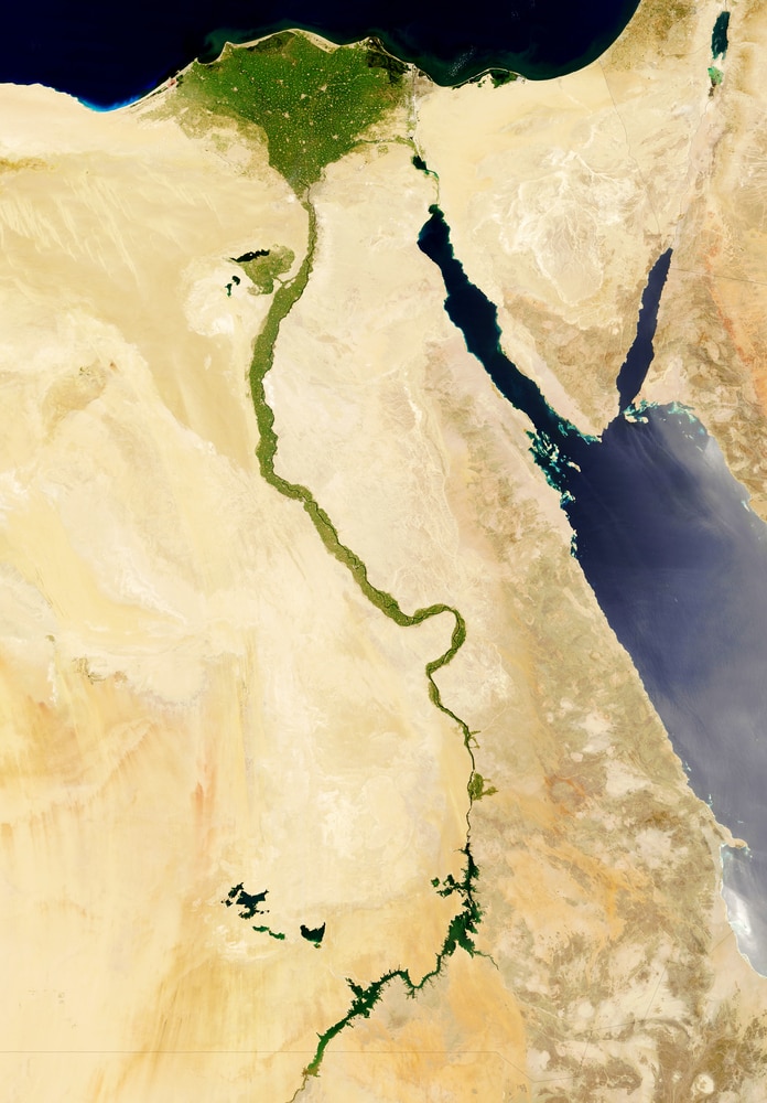 Egypt with surrounding region as seen from Earth's orbit in space showing the Nile delta, an example of arcuate delta
