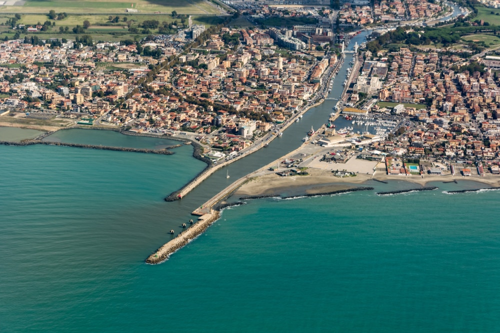 aerial view of tiber river delta and mediterranean sea, an example of a cuspate delta