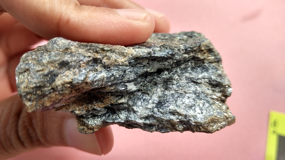 Schist being held with pink background