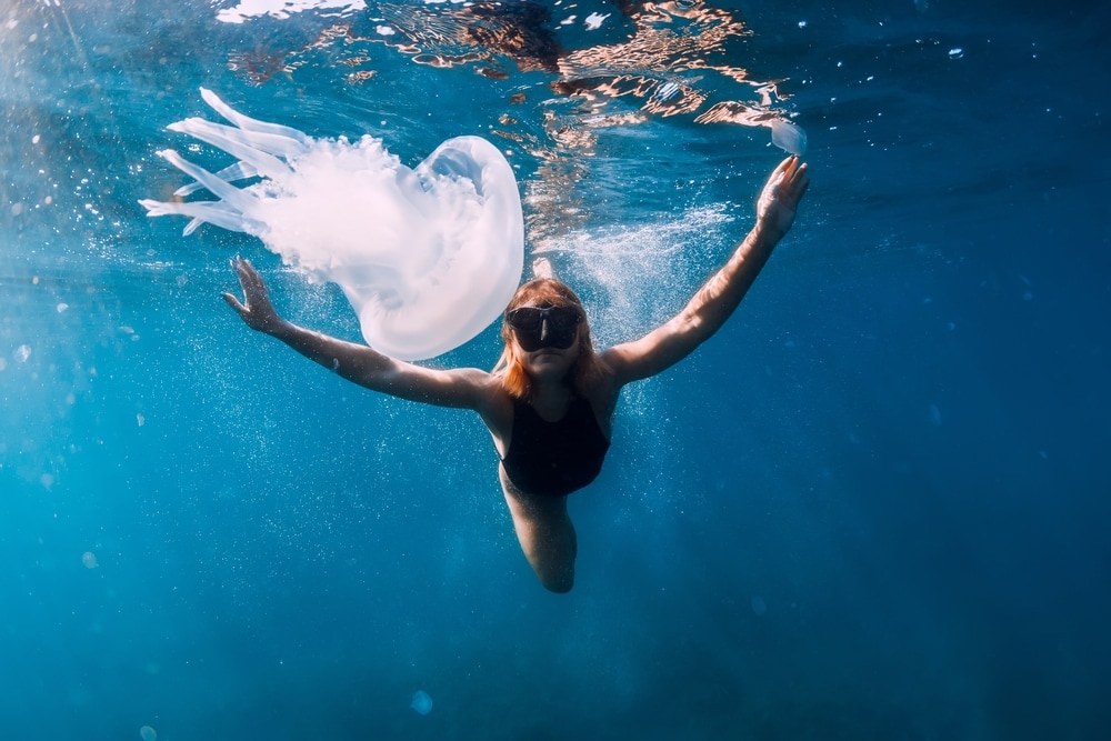 image of a woman swimming with jellyfish 