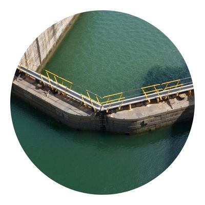 Aerial shot of the locks of a canal gate