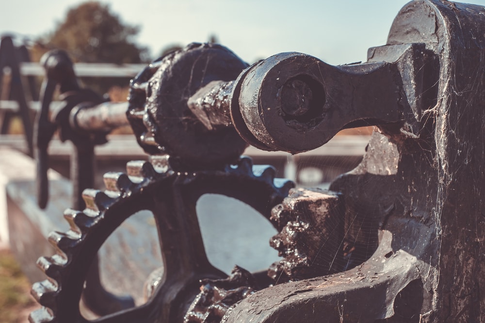 Close up photo of the metal locks of a canal