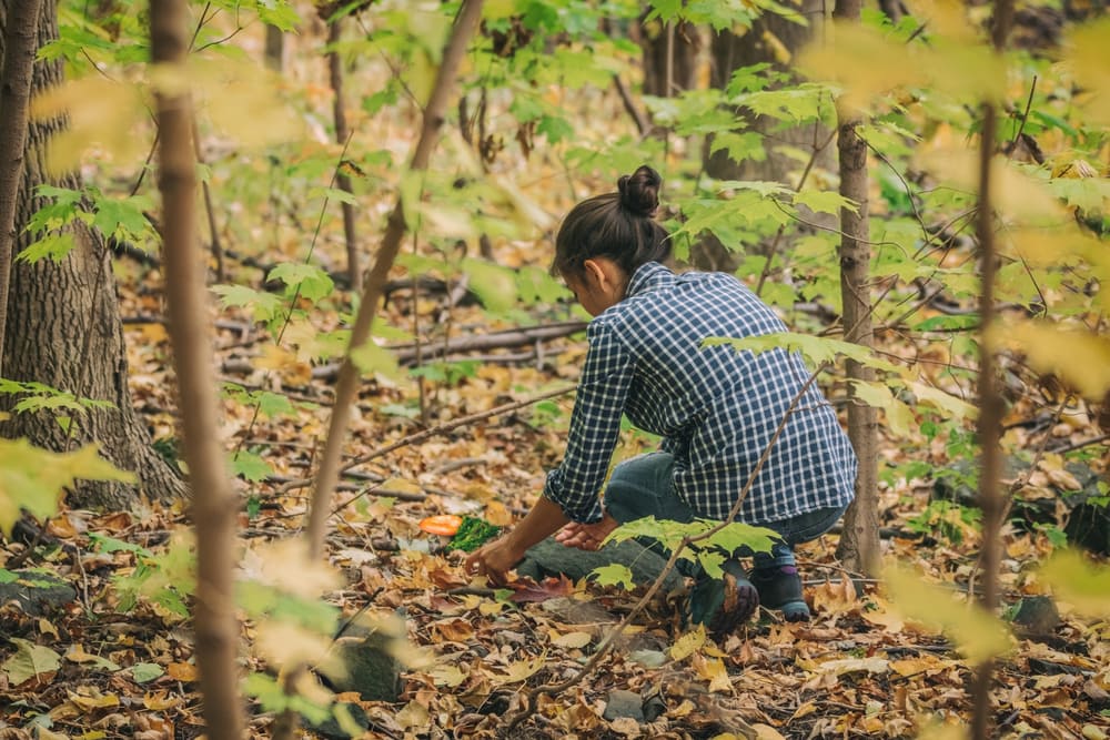 Woman picking up dry leaves