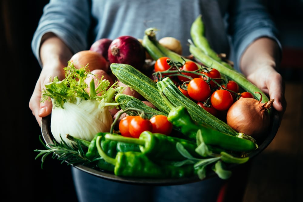 hand holding a big plate of various vegetable crops