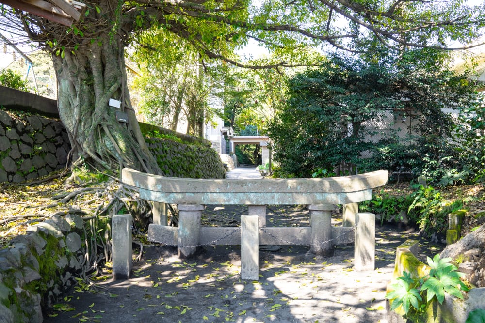 Kurokami shrine in Sakurajima, Kagoshima, Japan buried in solidified lava