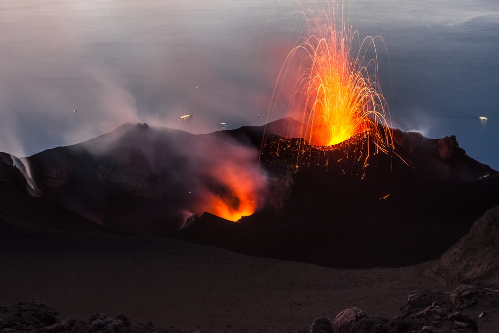 eruption in on Stromboli island, Aeolian islands, Italy