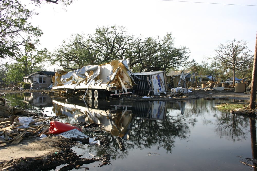 Damaged houses on a flooded area