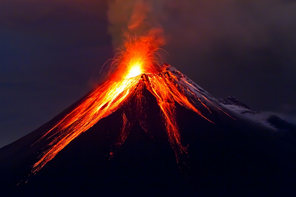 Volcano erupting at night