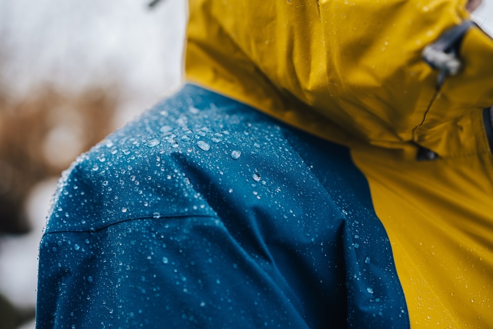 close up of water droplets on a nylon jacket