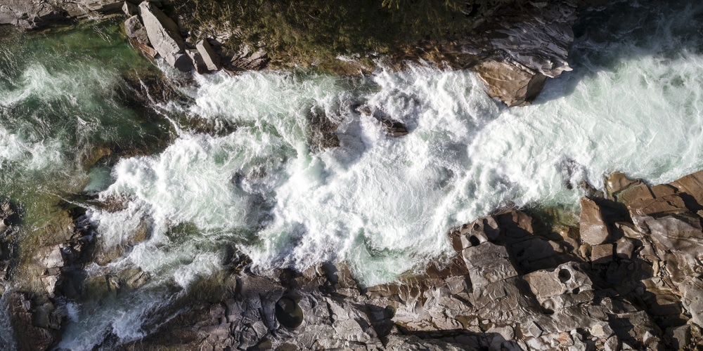 Aerial Panorama of White Water Rapids at Eagle Falls, Washington