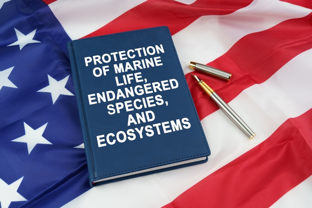 book with inscription 'protection of marine life, endangered species, and ecosystems' on an American flag