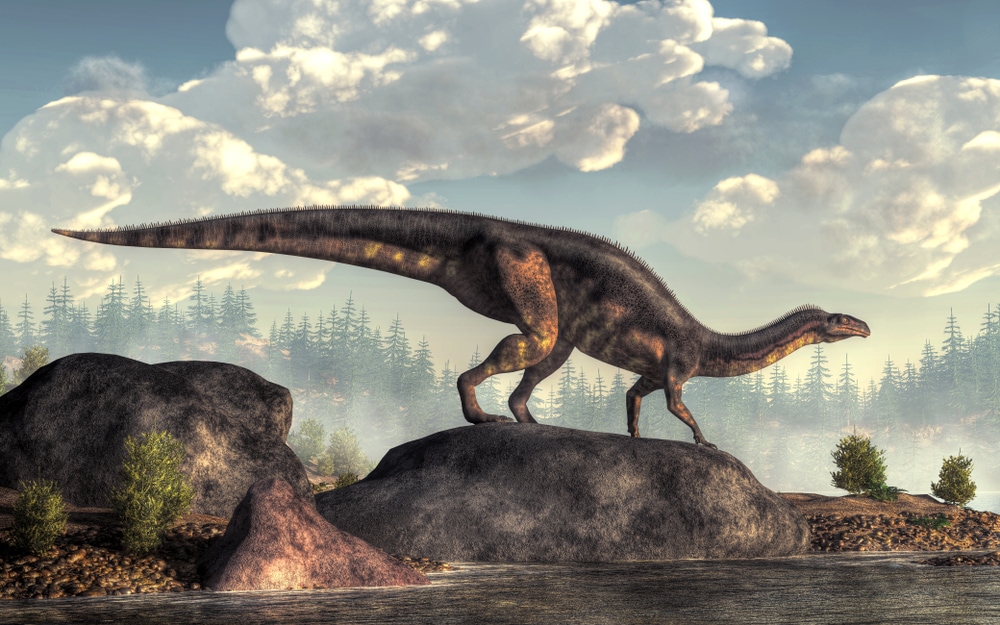Illustration of a dinosaur going down the lake