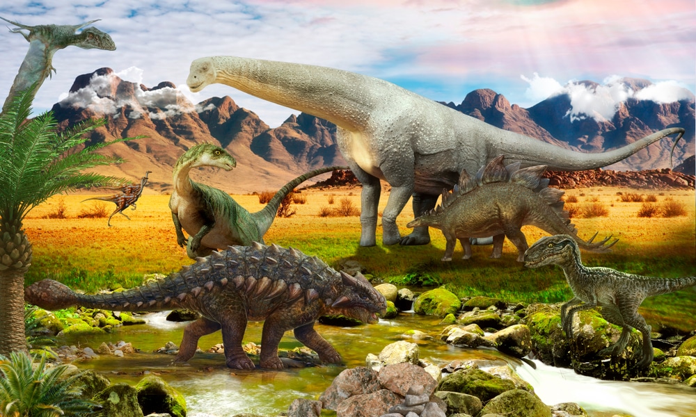 Group of dinosaurs playing around the park