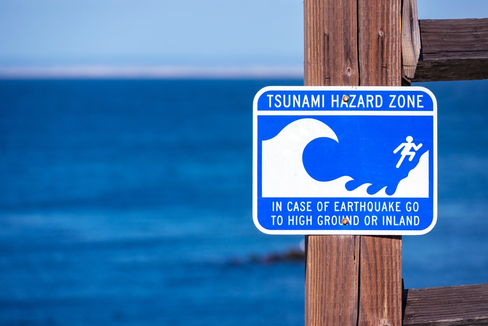 Sign of a tsunami hazard zone beside the ocean