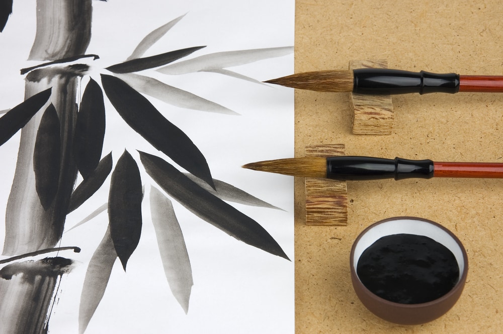 Paintbrushes and ink for Chinese traditional painting of bamboo 