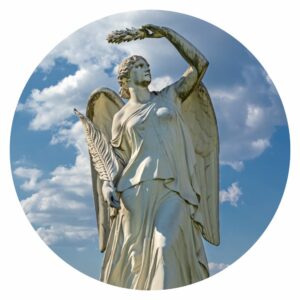 Statue of Goddess Nike holding a wreath and palm;leaves