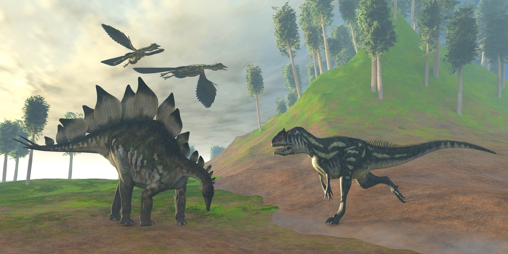 Illustration of dinosaurs playing around in the forest