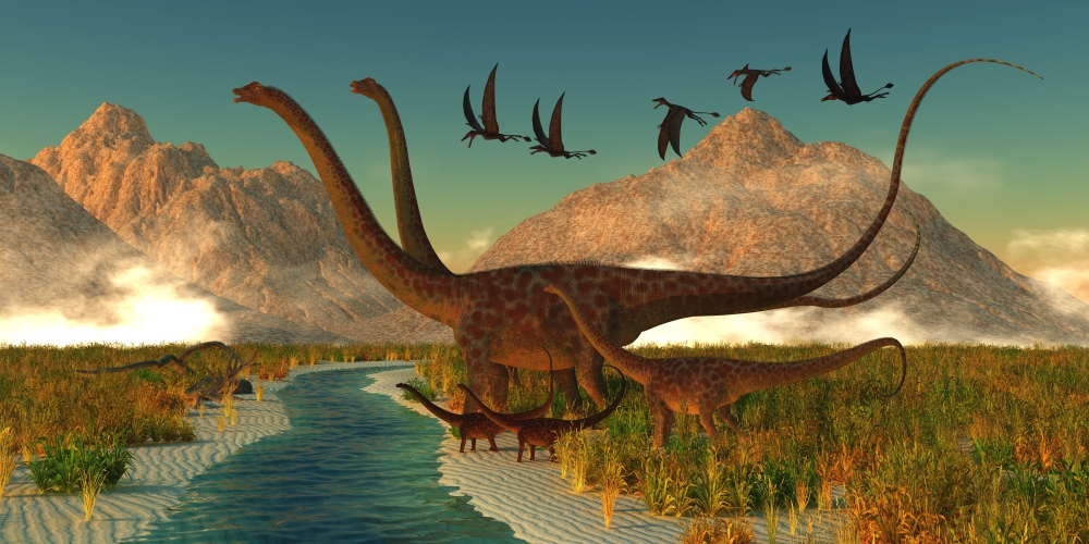 Group of dinosaurs walking in the field in a drawing