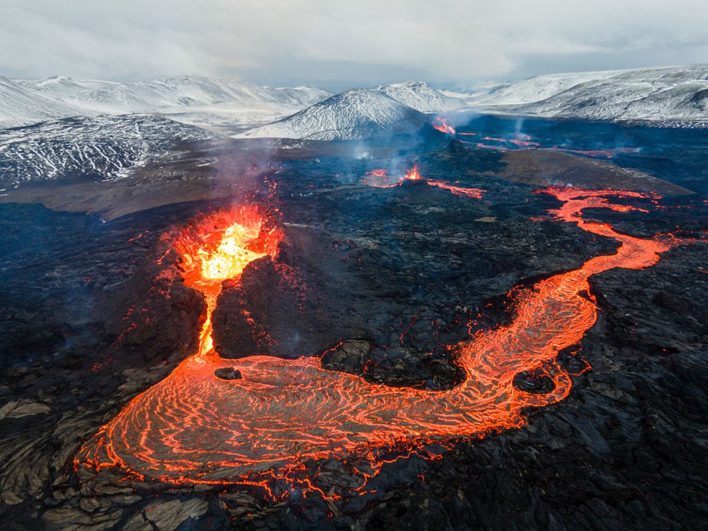 aerial view of a lava flowing